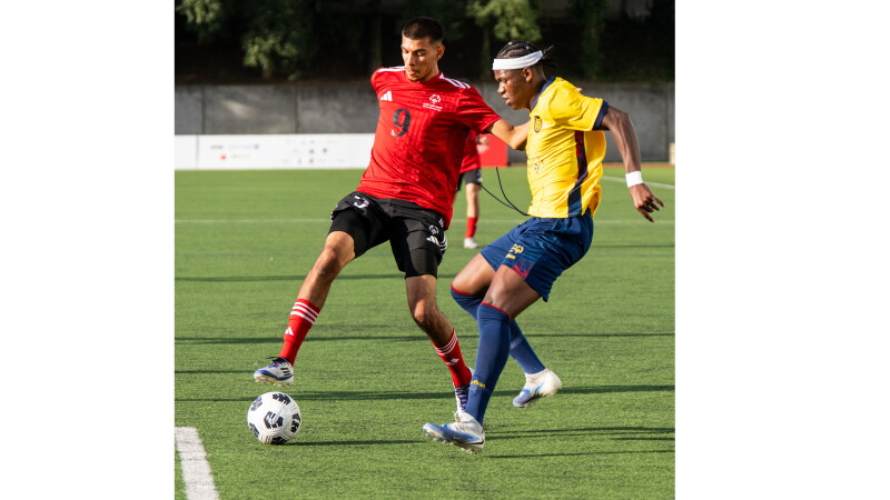 A football player in a red jersey competes for possession of the ball with a player in a yellow jersey on a green pitch