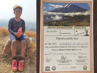 Rithvika Sri sits on a rock during her Mount Kilimanjaro climb and photo of the certificate Rithvika received after climbing Mount Kilimanjaro.
