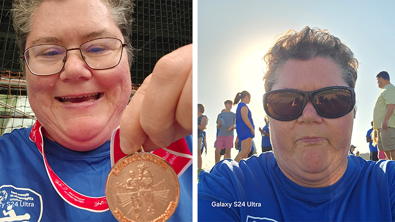 Woman showing off medal on the left and in sunglasses on the right