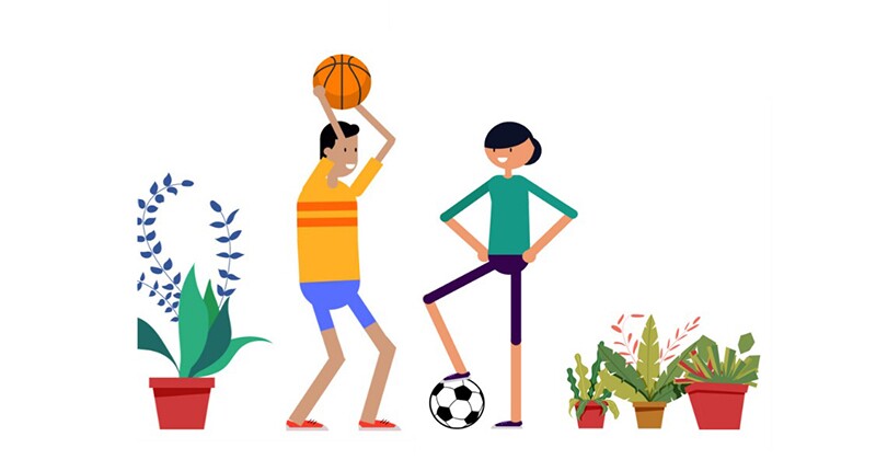The picture shows a young man and woman facing each other. The man looks like he’s preparing to throw a basketball while the woman has a soccer ball at her feet.
