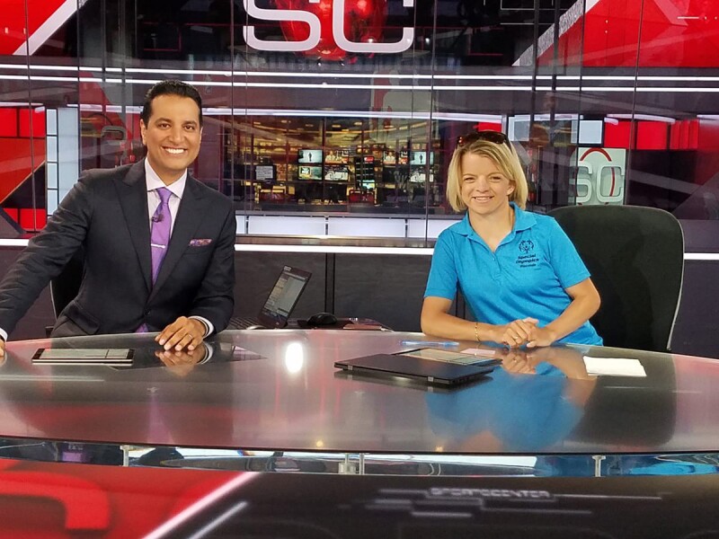 Daina Shilts and ESPN’s Kevin Neghandhi on set at ESPN.