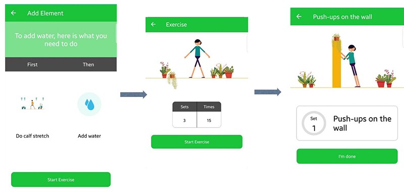 A series of three screenshots from the app that show animated character in various stages of exercise together with a description of the exercise as well as the number of sets and repetitions the user has to perform.