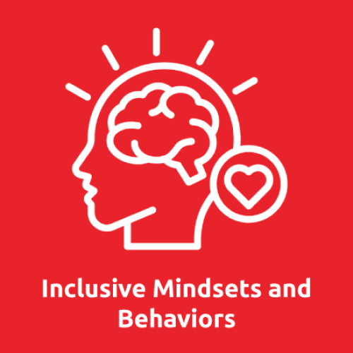 Icon of a head with a brain, and a heart in a circle; text reads, "Inclusive Mindsets and Behaviors"